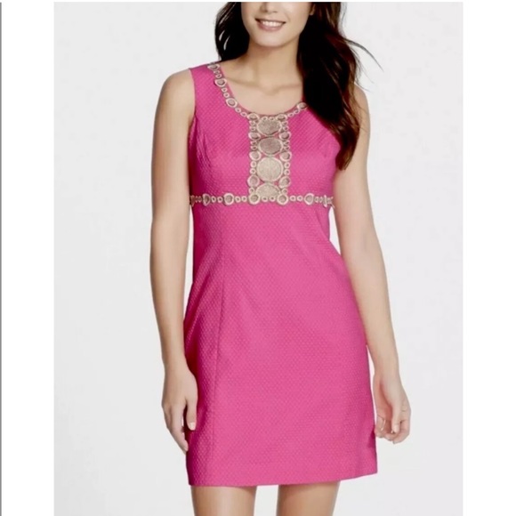 Lilly Pulitzer Dresses & Skirts - Lilly Pulitzer Women's Rosie Shift Dress Hotty Pink Gold Metallic Trim Size 10